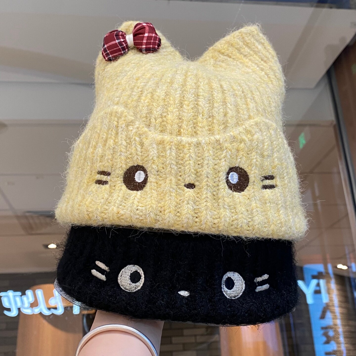 可爱蝴蝶结猫耳针织套头帽女秋冬