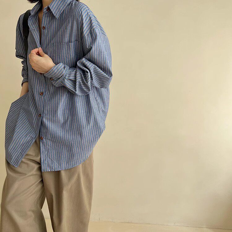 颜色巨美条纹衬衫 显白显瘦气质艺术职场ol打底衬衣 韩代