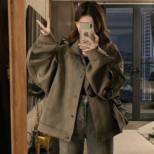 实拍美拉蓝穿搭短款麂皮夹克美式复古机车外套hiphop男女情侣春季