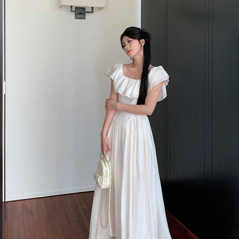 2026新款夏季显瘦白色气质荷叶边显瘦性感a字裙连衣裙中长裙子女