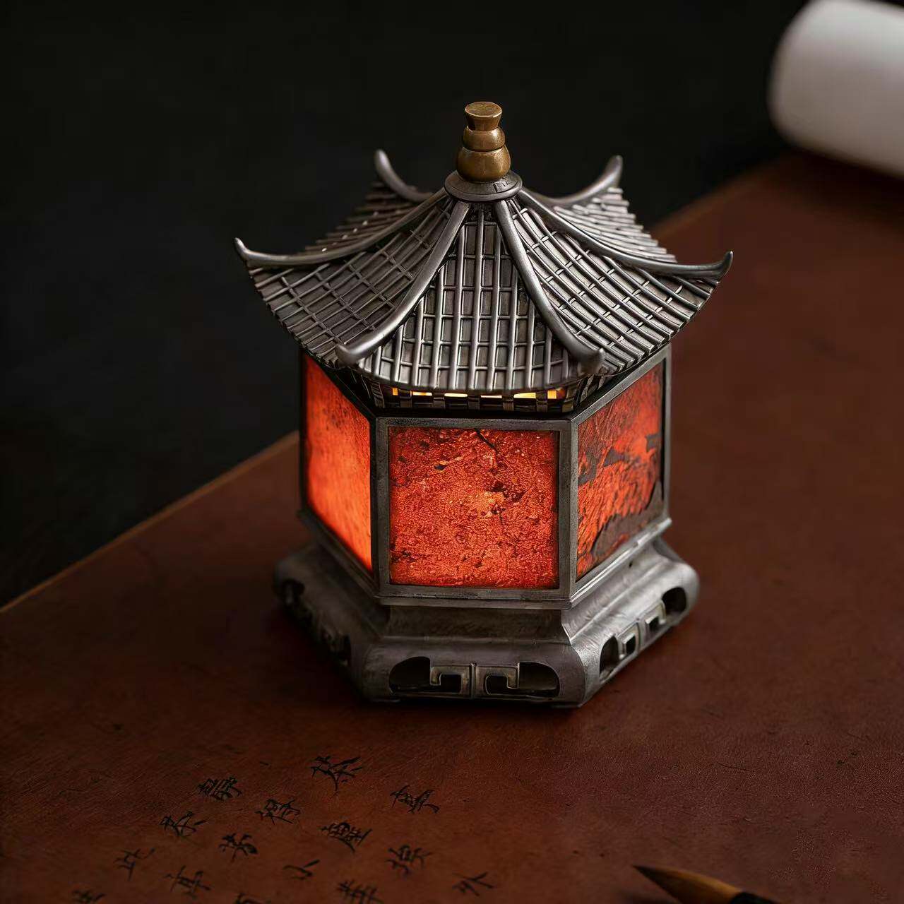 古篱老锡岩石六角宫灯氛围灯高级感茶桌摆件布置灯烛台复古香炉