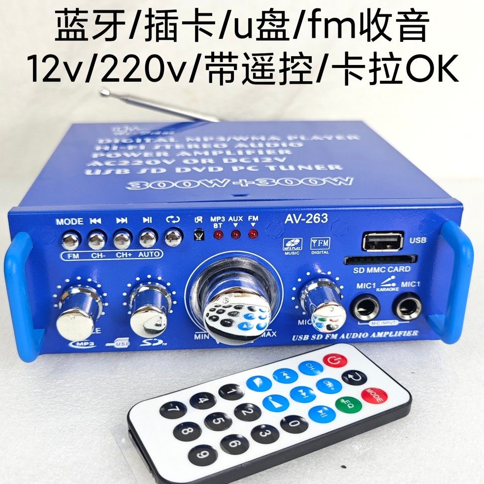 12v220伏家用无线蓝牙U盘功放机卡拉ok车载插卡迷你电脑2声道音响