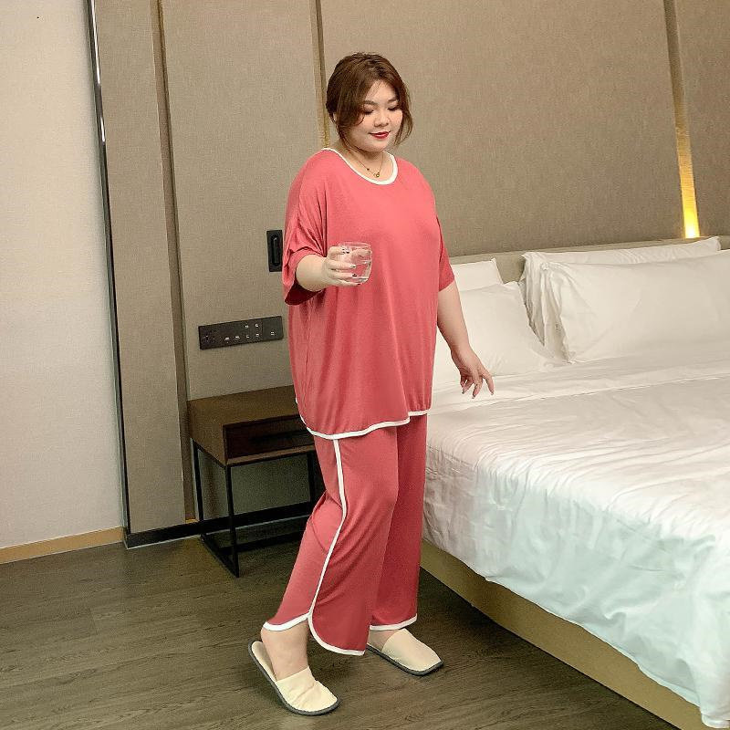 2-300 CATTIES 여성용 반팔 긴 바지 잠옷 여름 새로운 느슨한 대형 사이즈 간단한 반바지는 홈 슈트 외부에서 착용 가능