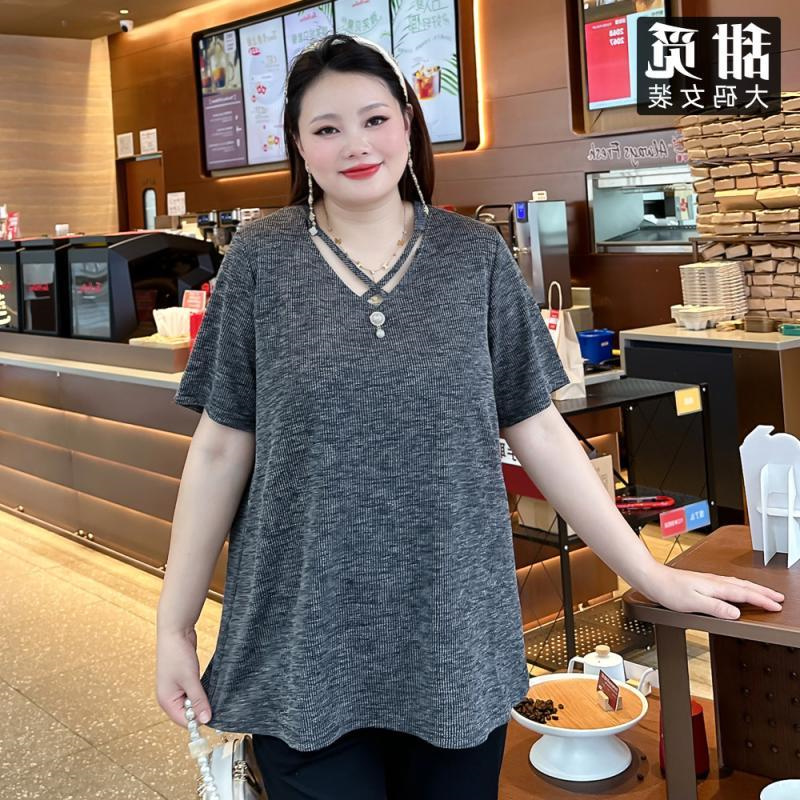 大码夏短袖V领中长款女装上衣T恤