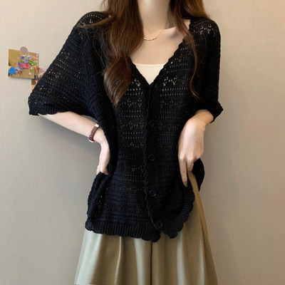 女装大码胖MM宽松遮肉V领防晒披肩开衫300斤冰丝针织镂空短袖外套