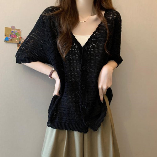 女装大码胖MM宽松遮肉V领防晒披肩开衫300斤冰丝针织镂空短袖外套