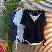 抽褶上衣大码 300斤别致纯色短袖 慵懒风宽松假两件T恤女潮 新款 夏装