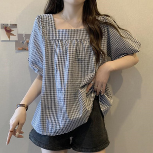 衬衫 宽松显瘦方领格子遮肚休闲百搭短袖 女ins潮 300斤特大码 胖MM2