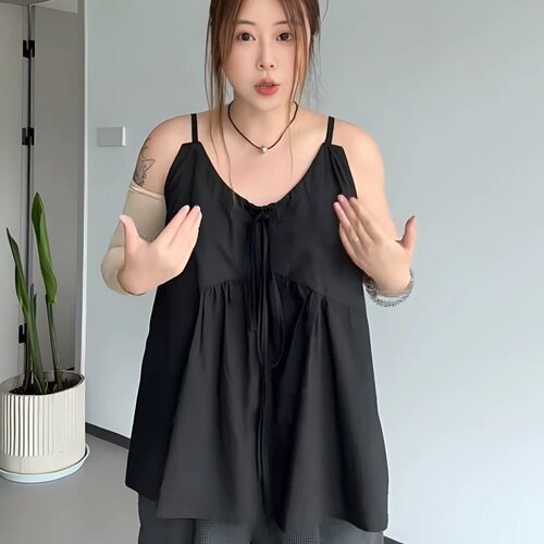 外穿绑带捏褶无袖吊带背心