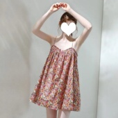 仙女风轻薄透气吊带碎花裙女特大码 睡衣300斤V领复古纯欲露背睡裙