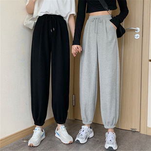 女ins潮 春夏新款 胖mm2 300斤特大码 运动高腰百搭纯色束脚休闲长裤