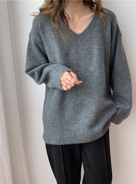 韩版简约温柔风纯色V领长袖女装上衣胖mm2-300斤特大码秋冬针织衫