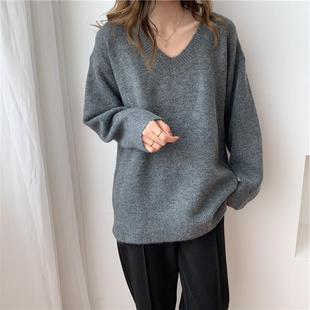 简约温柔风纯色V领长袖 秋冬针织衫 女装 300斤特大码 上衣胖mm2 韩版