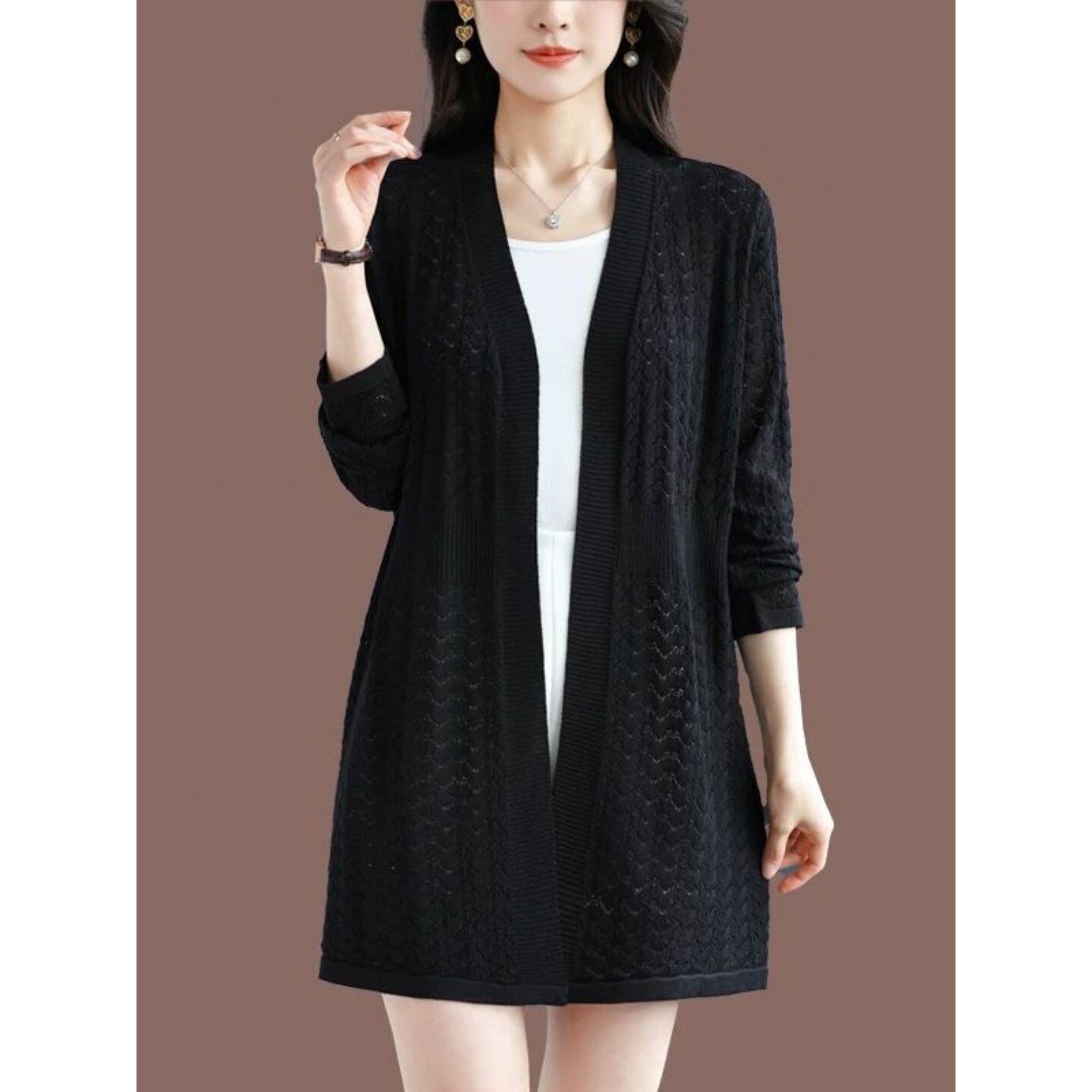 300斤大码胖MM夏季长袖V领针织开衫中长款镂空设计款防晒空调衫女