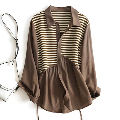 大码针织条纹拼接衬衫