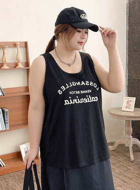 胖MM2-300斤特大码ins简约风字母印花夏季中长款打底衫无袖背心女