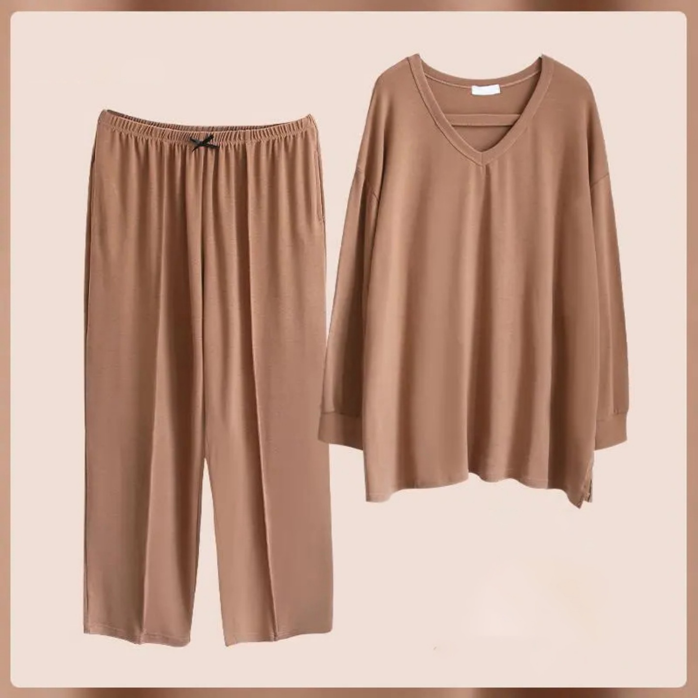 300斤韩系胖MM纯色V领长袖睡衣