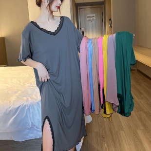 300斤家居服侧开叉中长裙 V领睡裙女夏2 宽松薄款 性感蕾丝花边短袖