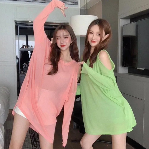 薄款胖MM甜美风露肩冰丝防晒套头上衣大码遮肉针织T恤衫中长款女