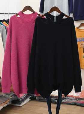 胖mm2-300斤毛衣女慵懒风宽松秋冬外穿露肩纯色中长款套头针织衫