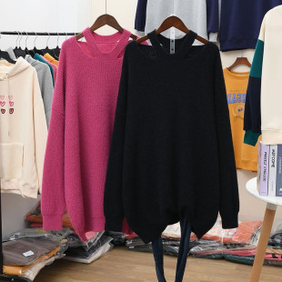 套头针织衫 胖mm2 300斤毛衣女慵懒风宽松秋冬外穿露肩纯色中长款
