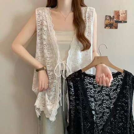 胖MM300斤大码高级感钩花蕾丝衫马甲背心夏季绑带无袖开衫上衣女