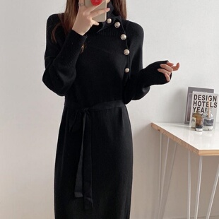 300斤大码 胖MM时髦气质高领收腰系带叠穿大衣打底针织毛衣长裙女