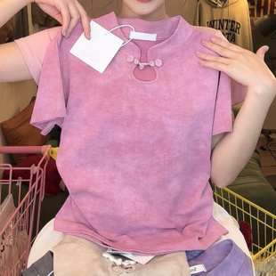 胖妹妹2-300斤大码短款修身扎染设计感小众新中式短袖夏季女装T恤
