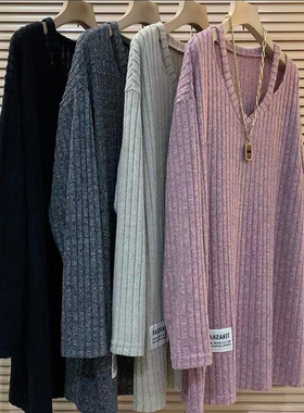 V领宽松纯色长袖女装胖MM2-300斤特大码秋冬季打底衫慵懒风上衣潮