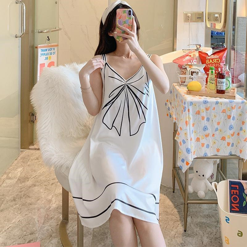 뚱뚱한 MM2-300 파운드 여성용 플러스 사이즈 잠옷 여름 얇은 V 넥 느슨한 순수한 정욕 스타일 중간 길이 서스펜더 섹시한 스커트