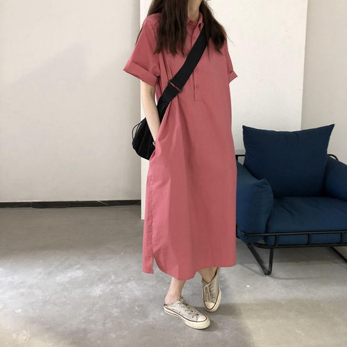 设计感过膝长款短袖衬衫连衣裙女