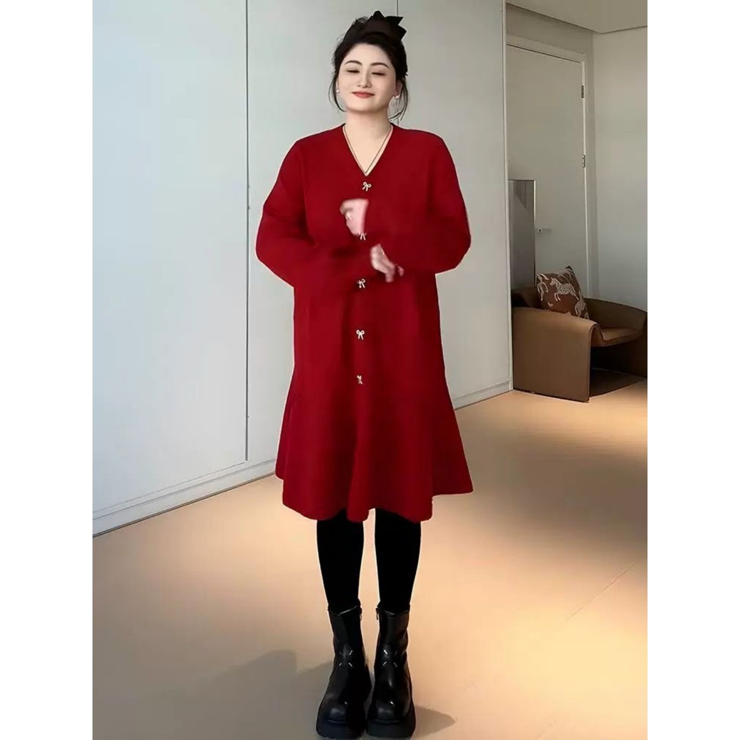 小众款V领针织连衣裙女红色A字裙宽松显瘦减龄毛衣裙300斤加大码,女装/女士精品,连衣裙,淘宝优惠券,粉丝福利购,淘宝优惠卷