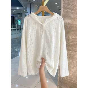 韩系纯色百搭长袖 大码 打底上衣 钩花镂空连帽蕾丝衫 胖MM300斤秋季