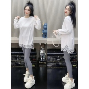 宽松遮肚气质打底衫 胖MM300斤秋季 简约休闲蕾丝花边下摆T恤特大码