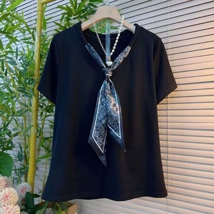 设计款V领飘带气质夏款短袖衫女特大码300斤洋气宽松百搭新款上衣