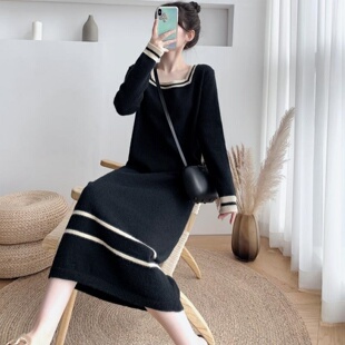 连衣裙 过膝气质打底气质长袖 大码 300斤秋冬方领针织连衣裙女长款