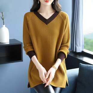 300斤大码V领针织衫女秋冬复古中长款洋气撞色拼接长袖打底毛衣衫