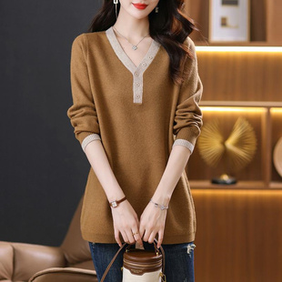 V领针织毛衣衫 秋冬季 胖MM加大码 300斤温柔气质宽松显瘦打底衫 女