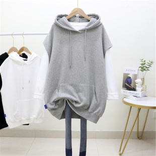 胖MM300斤超大码 女装 纯色连帽无袖 春秋卫衣 韩系简约休闲风中长款