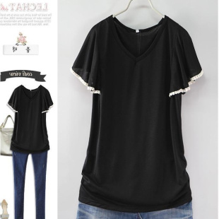 胖mm2 宽松遮肚荷叶袖 300斤大码 T恤女中长款 上衣ins潮 V领短袖 夏装