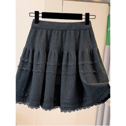 2025新款蕾丝花边半身裙秋冬高腰显瘦A字百褶针织短裙300斤大码女