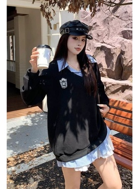 胖MM300斤秋冬韩系学院风POLO领假两件减龄长袖卫衣衫超大码女装