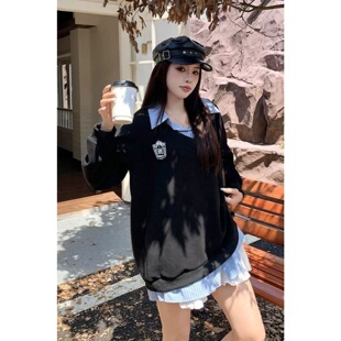 女装 超大码 卫衣衫 胖MM300斤秋冬韩系学院风POLO领假两件减龄长袖