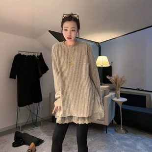 蕾丝花边下摆显瘦圆领T恤300斤大码 打底衫 遮肉长袖 秋冬胖MM中长款