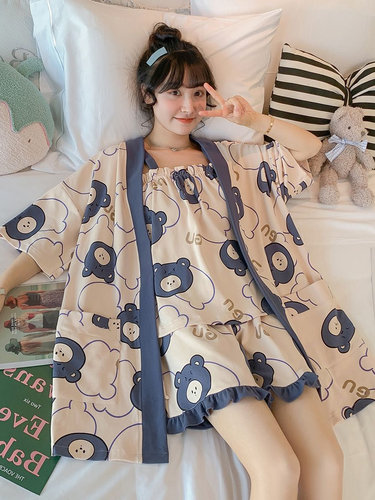 宽松薄款吊带短裤睡袍三件套装女
