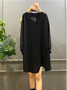 拼接V领休闲打底长袖 胖MM宽松遮肚中长款 上衣女 300斤大码 春秋新款