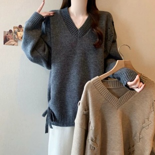 秋冬款系带拼接设计款显瘦针织衫300斤大码V领宽松遮肚子长袖毛衣