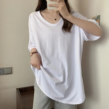 女款300斤百搭显瘦U型V领上衣胖MM极简风纯色短袖T恤特大码中长款
