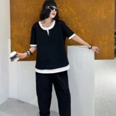 300斤超大码 遮臀显瘦假两件上衣 T恤衫 胖MM韩系拼色设计款 圆领短袖