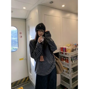 条纹长袖 外穿内搭打底衫 T恤秋季 韩系宽松中长款 新款 胖MM300斤大码